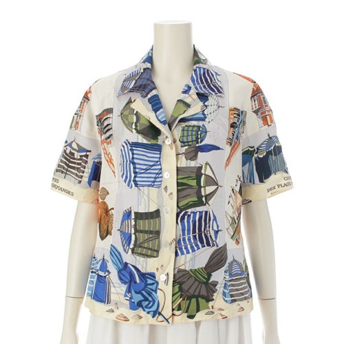 エルメス マルジェラ期 ノルマンディー海岸の魅力 シルク 半袖 ブラウス シャツ トップス マルチカラー 42