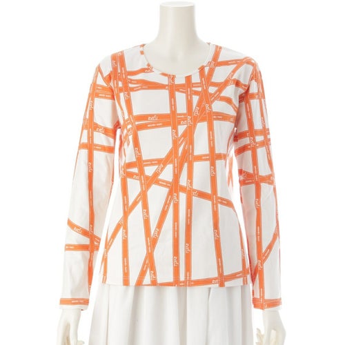 エルメス コットン ボルデュック リボン柄 ロゴ カットソー 長袖Ｔシャツ ホワイト × オレンジ