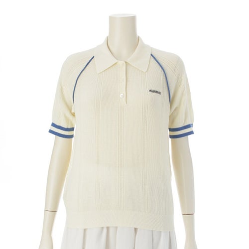 ミュウミュウ 25SS コットン パイピング ロゴ 半袖 ポロシャツ MMLB39 オフホワイト ブルー 38