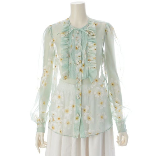 ヴァレンティノ 25AW シルク フローラルプリント リボン ラッフル ブラウス 長袖 シャツ トップス ミントグリーン 38