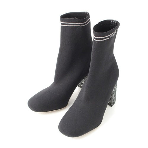 ミュウミュウ 刺繍 ロゴ ラメ グリッターヒール ソックス ショート ブーツ シューズ ブラック 34 1/2