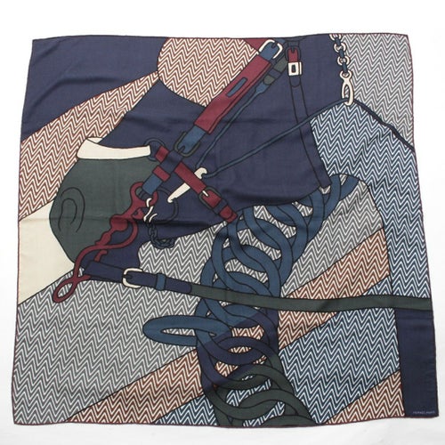 エルメス シルク×カシミヤ カレ Harnais de ca cabriolet スカーフ ネイビー系