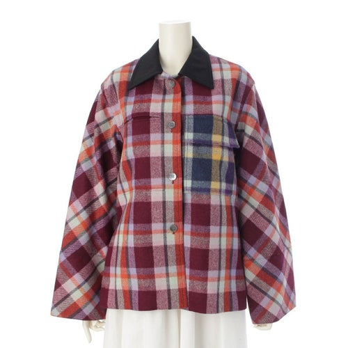 ロエベ ウール アナグラム ロゴレザーパッチ チェック ジャケット レッド 36