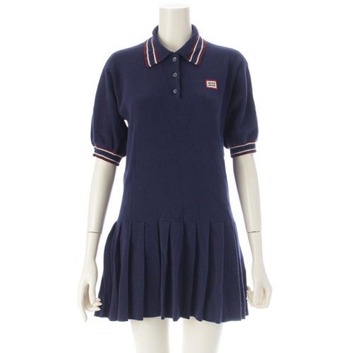 ミュウミュウ ウール カシミヤ混 ロゴ プリーツ ニット 半袖 ワンピース ドレス MMA892 ネイビー 36