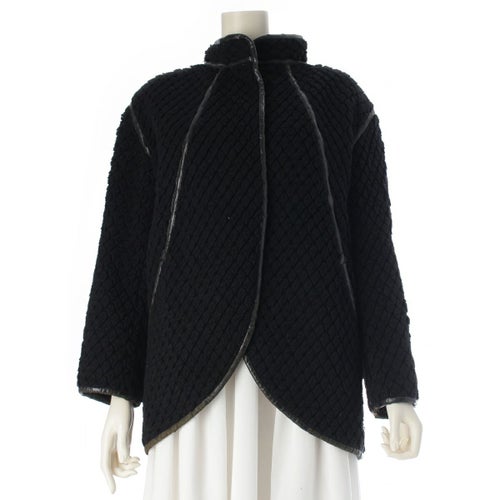 イッセイミヤケ 70s 初期 ウール×ナイロン 単色タグ レザーパイピング カットパイル ノーカラージャケット JH64100 ブラック 9