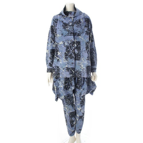 イッセイミヤケ 80s 1983年 筆タグ 総柄 スパッタリング 変形襟 シャツ サルエル パンツセットアップ MA13203 MA43153 ブルー 9