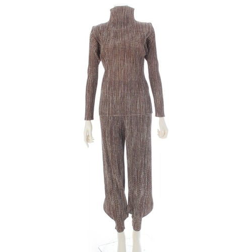 プリーツプリーズ イッセイミヤケ チェック ボトルネック カットソー パンツセットアップ 杢ブラウン系 3