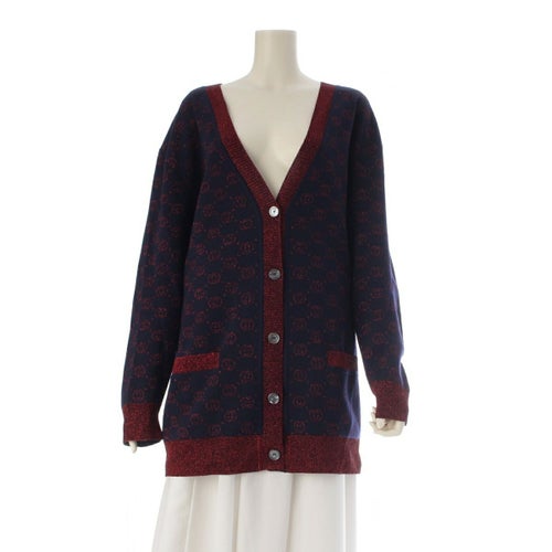 グッチ ウール インターロッキングG ラメ ニット カーディガン トップス 605910 ネイビー レッド XL