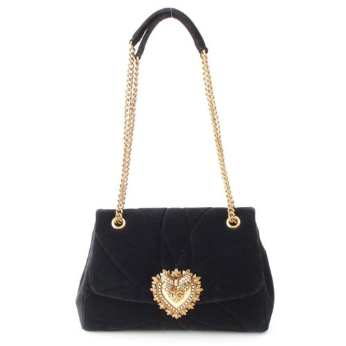 ドルチェアンドガッバーナ ディヴォーション ベロア レザー DG リボン パール チェーン ショルダーバッグ ブラック