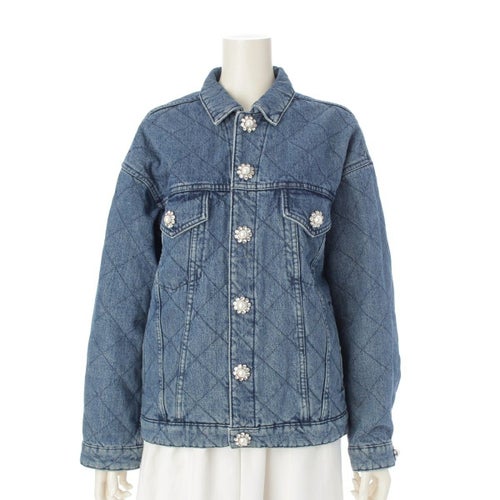 ミュウミュウ 22年 コットンデニム キルティング 中綿 ビジュー パール テーラードジャケット アウター GWB132 ブルー 36
