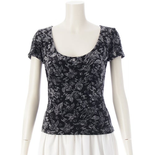 シャネル 24‐25AW ベロア ラインストーン ココマーク 総柄 カットソー 半袖 トップス P78132 ブラック 34