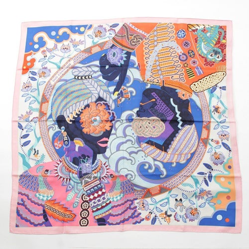 エルメス カレ90 DUO COSMIQUE デュオ コスミック シルク スカーフ アニマル 蝶々 お花 ピンク