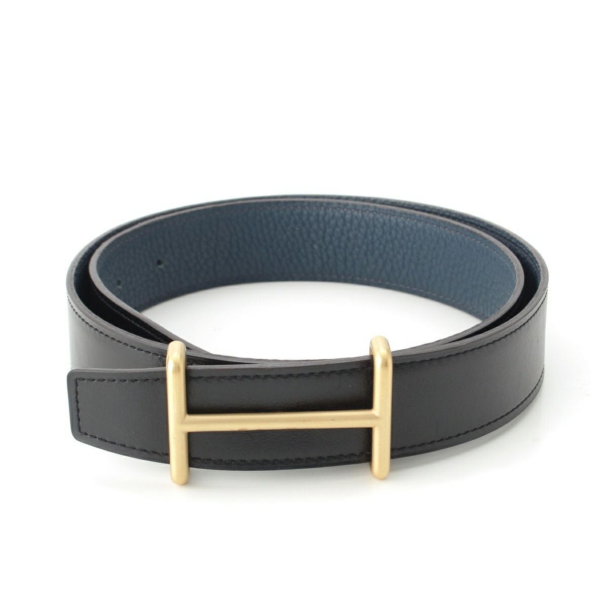 HERMES ブラックレザーベルト ゴールドバックル エルメス レザー Hバックル ゴールド金具 ベルト ブラック ブルー 80