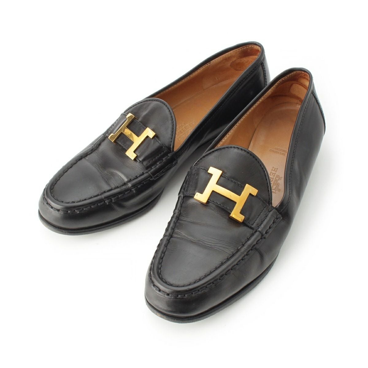 M*M様 HERMES ブラック ローファー　モカシン　36.5 エルメス レザー モカシン フラット シューズ ローファー ブラック