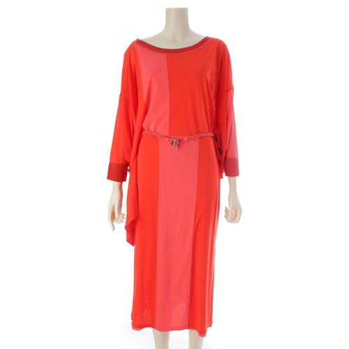 エルメス 23年 シルク 切替 ベルト付き ワンピース トップス スカート ロング レッド ピンク 38