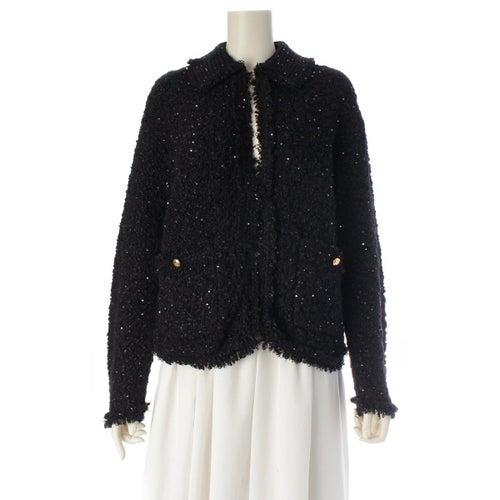 ドゥロワー 23SS SPRING コットン 3G ツイードスパンコール ニット テーラードジャケット 6522-199-0758 ブラック