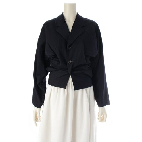 コムデギャルソン AD1990 90AW ウールギャバジン カットアウト 変形 ギャザー テーラードジャケット GJ-05016S ダークネイビー S