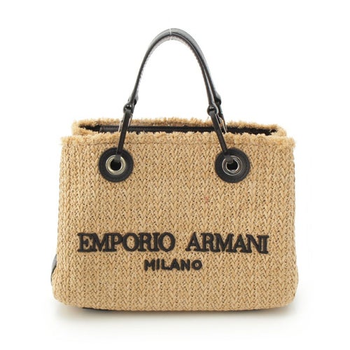 エンポリオ・アルマーニ ラフィア ロゴ 2WAY ショルダー ハンドバッグ カゴ バスケット ベージュ ブラック ナチュラル