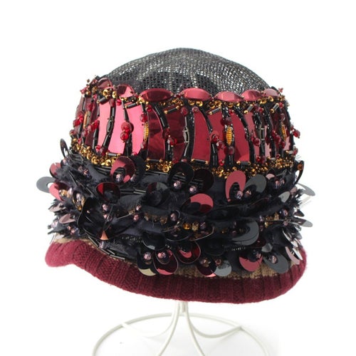 プラダ 2005 S/S 装飾 ビジュー メッシュ スパンコール ビーズ ハット 帽子 ブラック レッド系 マルチカラー