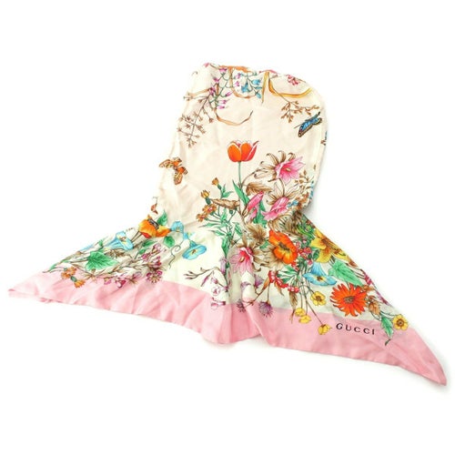 グッチ シルク フローラ 花柄 フード フーディ スカーフ 555181 ピンク M 58cm