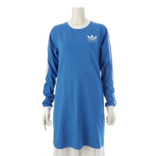 グッチ アディダス ロゴ ストライプ シャツ 長袖 ワンピース 693537 ブルー S