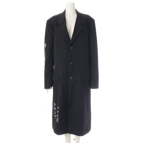 ヨウジヤマモトプールオム 20AW ウール メッセージ刺繍 リバーシブル ロング コート アウター HR-J16-893 ブラック 2