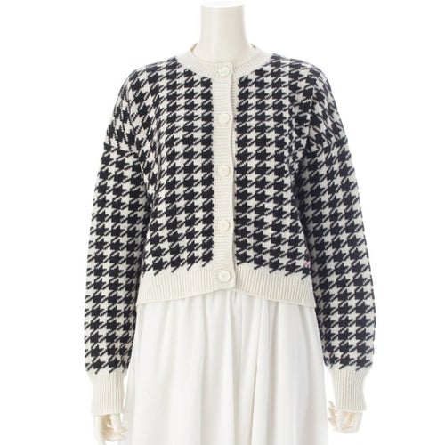 ミュウミュウ 22年 カシミヤ 千鳥格子 ロゴ ニット クルーネック カーディガン ボレロ MMF651 ブラック ホワイト 36