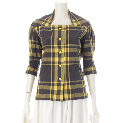 イッセイミヤケ 90s 90-91年 コットン タータンチェック 変形 5分丈 ブラウス トップス JG11300 イエロー ブラック M