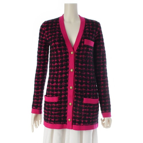 サンローラン 21年 ウール アルパカ チェック柄 ニット カーディガン トップス 673741 ブラック ピンク S