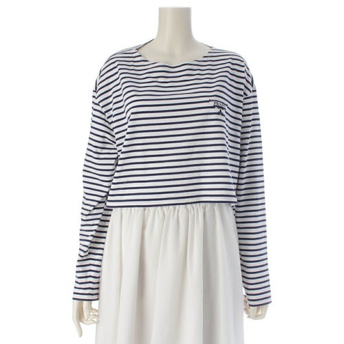 プラダ コットン トライアングル ロゴ ボーダー クロップ トップス S221 ホワイト ネイビー