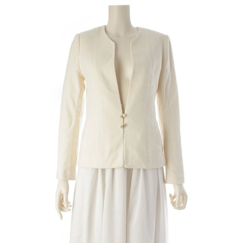 シャネル 98P コットン ウール ツイード チェーン ココボタン ノーカラージャケット アウター P11184 ホワイト 38