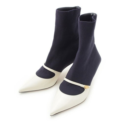 ジミーチュウ 24SS ニット パテント レザー Carolyn アンクル ブーツ 60 ホワイト ネイビー 36