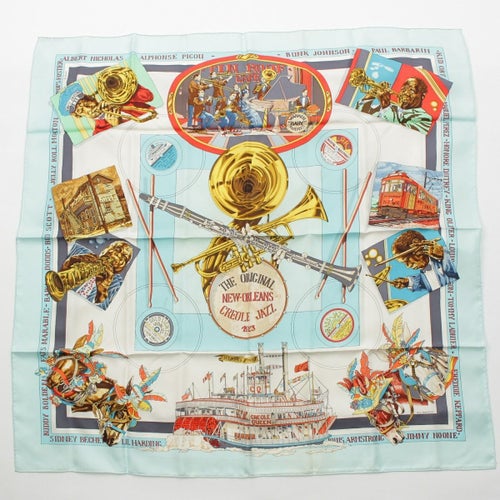 エルメス シルク カレ90 THE ORIGINAL NEW ORLEANS CREOLE JAZZ 1923 スカーフ ブルー