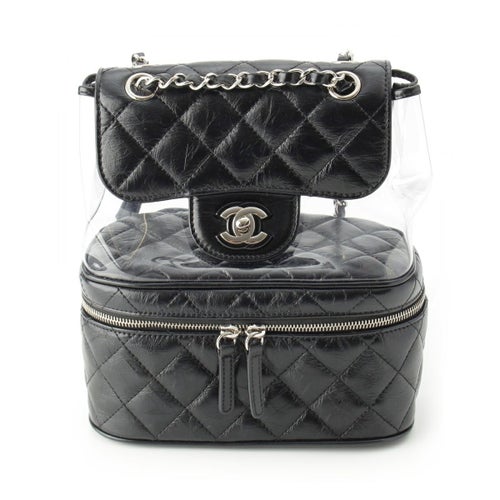 シャネル 25番台 レザー PVC マトラッセ クリア バックパック リュック デイパック ブラック