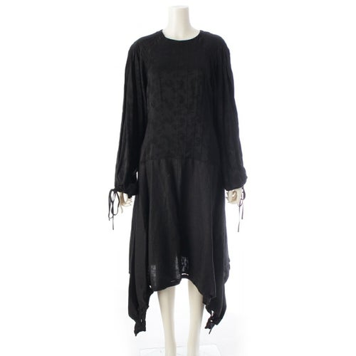 ロエベ ビスコース レーヨン リネン 切り替え リボン ワンピース 長袖 ロング ブラック 36