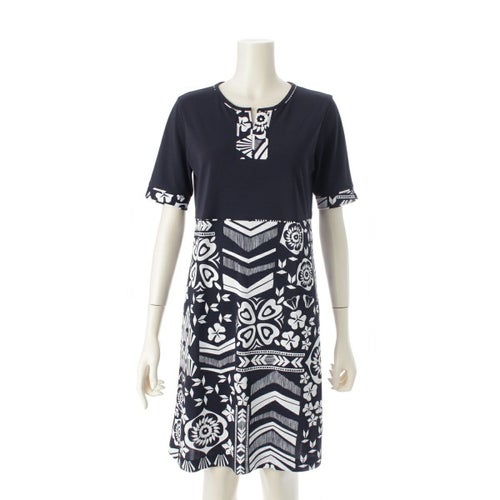 レオナール スポーツ フラワー 花柄 総柄 半袖 ワンピース ドレス 0559633 ネイビー 38