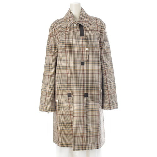 エルメス 21年 ウール レザー セリエボタン チェック柄 ステンカラーコート ベージュ ブラウン 48