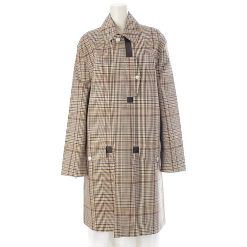 エルメス 21年 ウール レザー セリエボタン チェック柄 ステンカラーコート ベージュ ブラウン 48