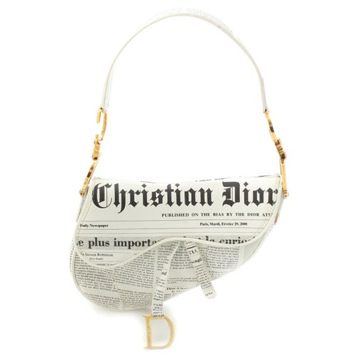 クリスチャンディオール ガリアーノ期 レザー ニュースペーパー プリント 総柄 新聞柄 ハンドバッグ サドル ホワイト ブラック ゴールド
