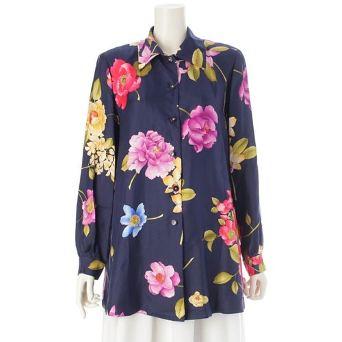 レオナール シルク 花柄 長袖シャツ ブラウス トップス ネイビー 9R