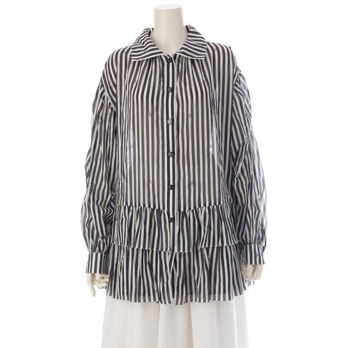 シャネル コットン ココマーク ビジュー ストライプ シャツ ブラウス チュニック P76212 ブラック×ホワイト 38