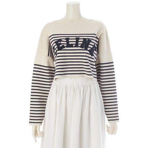 セリーヌ 22SS コットン ロゴ ボーダー柄 クロップド ニット セーター トップス 2A88V384N アイボリー ネイビー XS