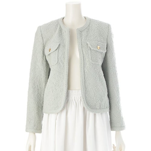 セリーヌ 24SS ウール モヘヤ ナイロン ツイード ノーカラージャケット 2V55Q435T ライト ブルー グレー 36