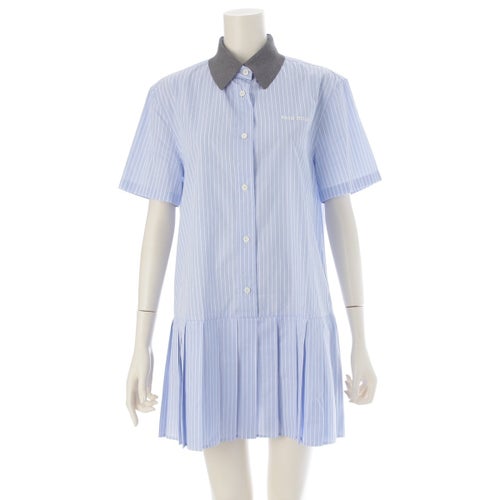 ミュウミュウ 24SS コットン ストライプ ポプリンドレス ミニ ワンピース MF5399 ライトブルー グレー 40