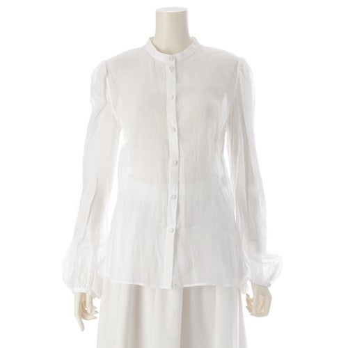 クロエ 23SS ラミー クルミボタン フリルスリーブ シアー 7分袖 ノーカラー ブラウス トップス CHC23SHT1401610138 ホワイト 38