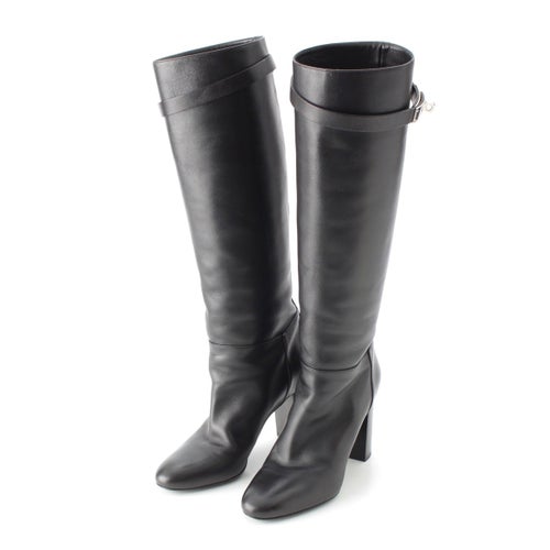 エルメス STORY ストーリー レザー ケリー金具 ヒール ロング ブーツ ブラック×シルバー 36