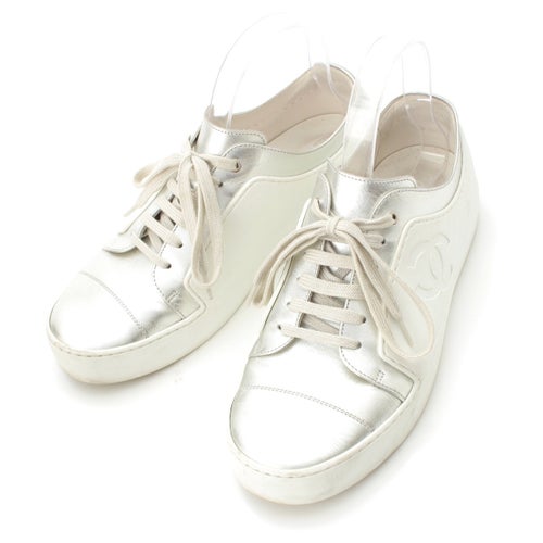 シャネル レザー ココマーク ローカット スニーカー シューズ 靴 ホワイト×シルバー 40