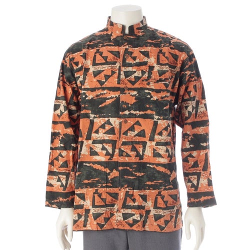 イッセイミヤケ 80s 1984 筆タグ 蝋纈染 総柄 グラフィック 長袖シャツ トップス LG12094 オレンジ M