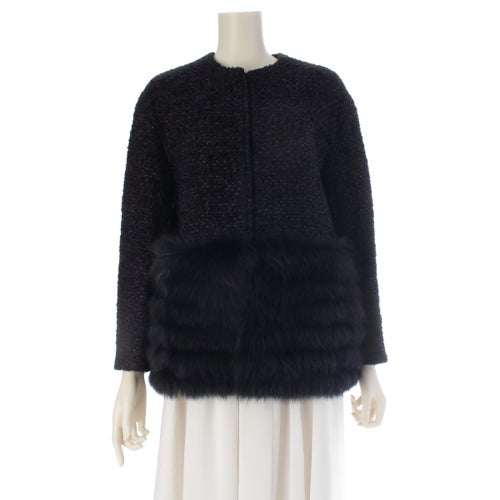 ドゥロワー 22AW ウール WINTER2 長袖 ラメツイード フォックスファー テーラードジャケット 6522-234-0737 ネイビー 36