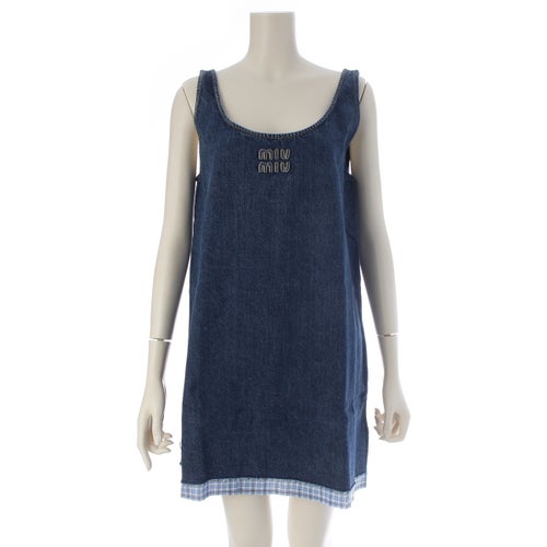 ミュウミュウ コットン デニム ロゴ チェック ミニドレス ノースリーブ ワンピース ブルー 38